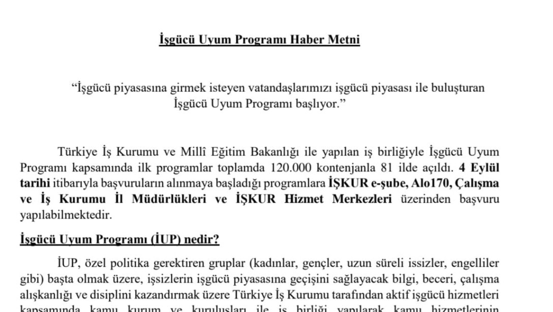 İŞGÜCÜ UYUM PROGRAMI DUYURUSU